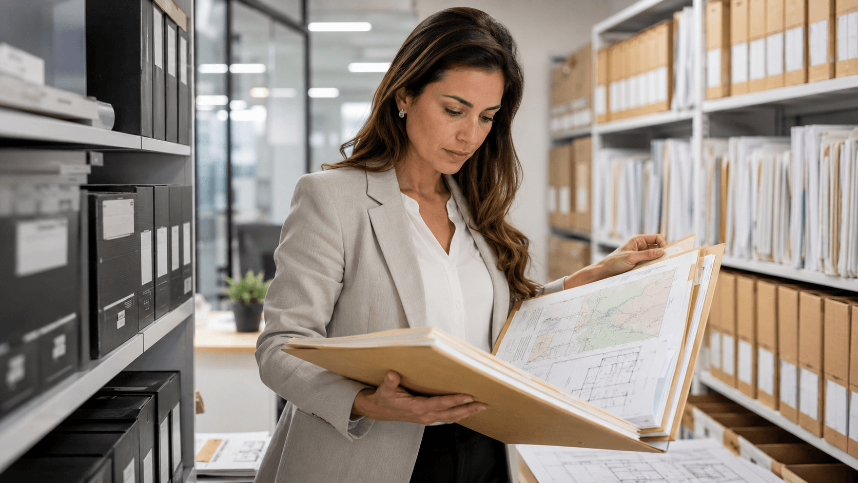 Professionista che consulta planimetrie in archivio