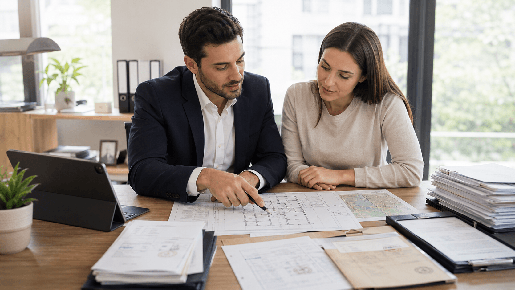 Coppia che esamina planimetrie con un consulente